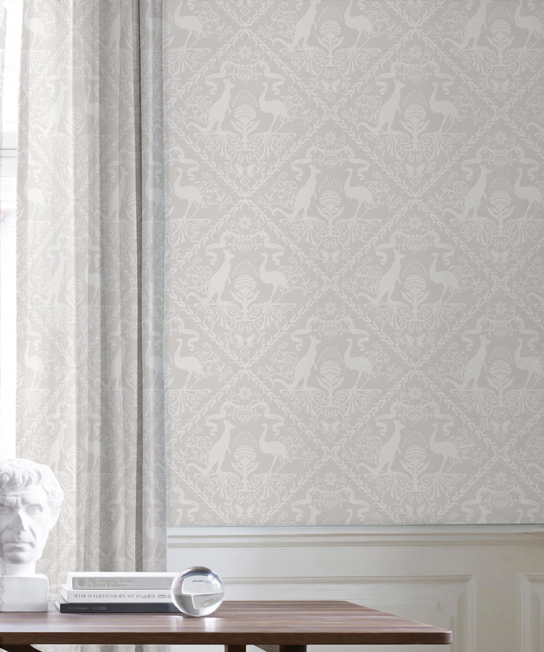 In Australia We Trust Bondi • Australian Wallpaper • Australian Coat of Arms • Milton & King USA • Grey Wallpaper Insitu