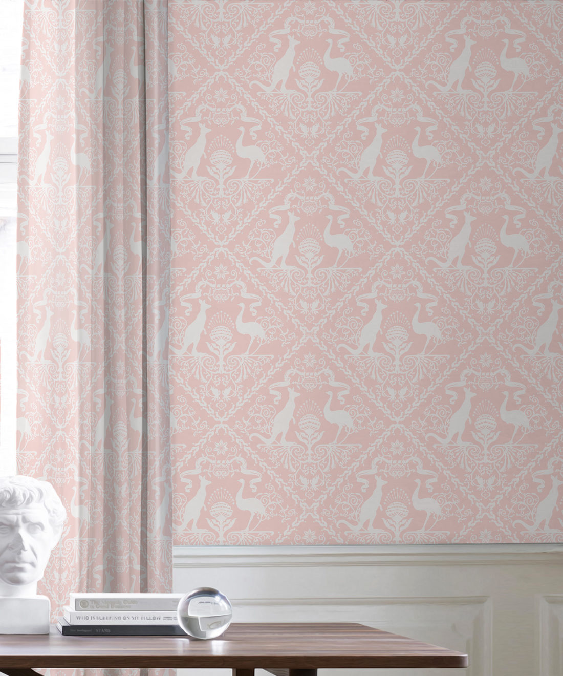 In Australia We Trust Coral • Australian Wallpaper • Australian Coat of Arms • Milton & King USA • Pink Wallpaper