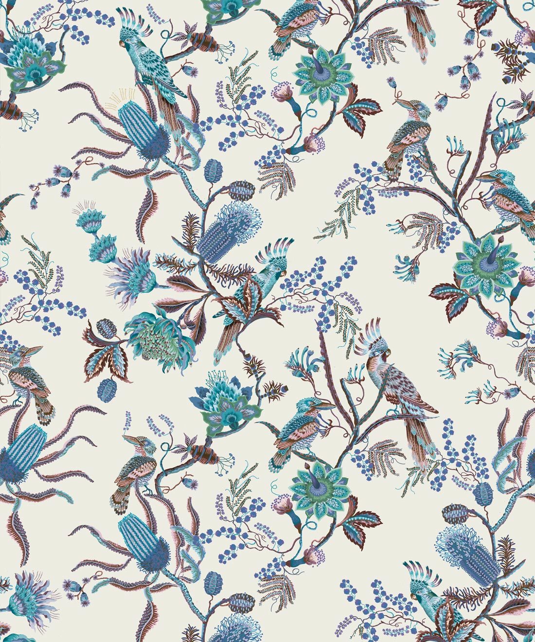 Matilda Wallpaper • Cockatoo, kookaburra • Australian Wallpaper • Milton & King Europe • Blue Bell Swatch