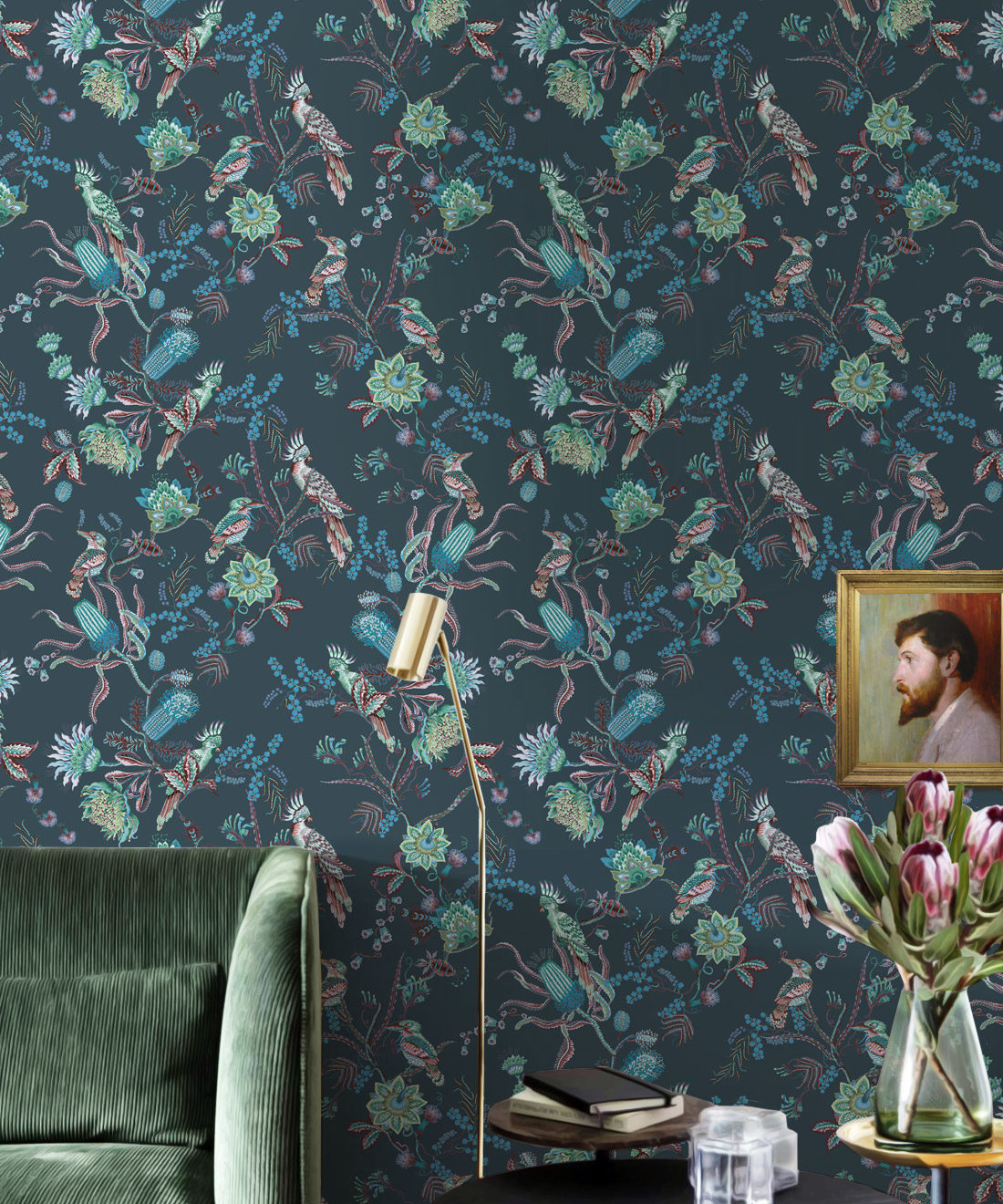 Matilda Wallpaper • Cockatoo, kookaburra • Australian Wallpaper • Milton & King USA • Deep Blue Insitu