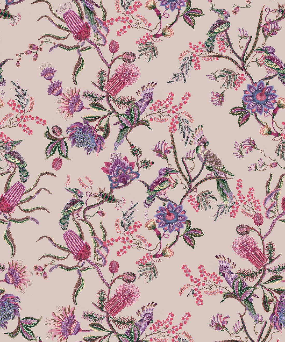 Matilda Wallpaper • Cockatoo, kookaburra • Australian Wallpaper • Milton & King Europe • Pinky Swatch