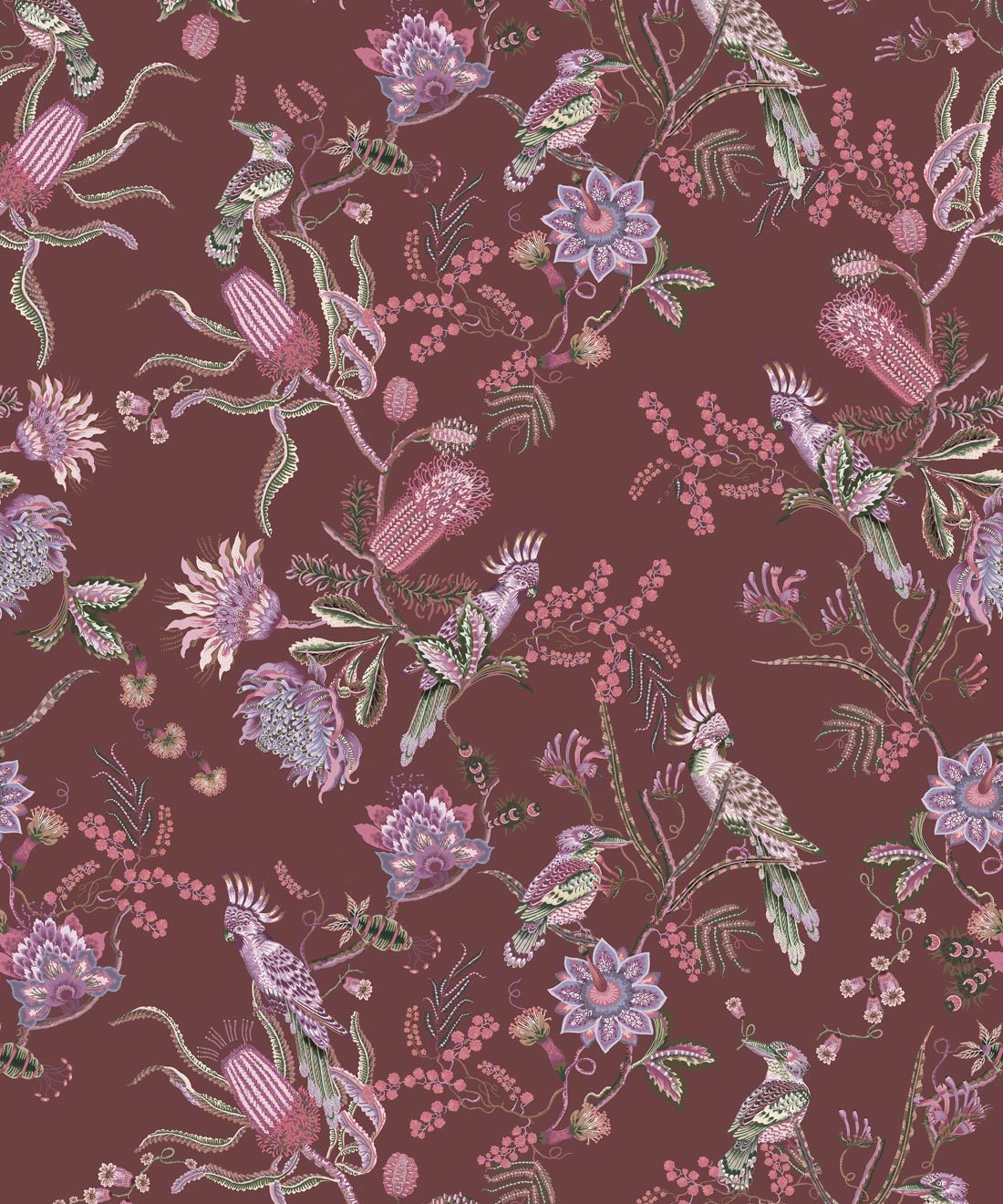 Matilda Wallpaper • Cockatoo, kookaburra • Australian Wallpaper • Milton & King USA • Plum Swatch