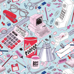 1980's Office Wallpaper featuring calculators, staplers, computers, phones on a messy desk • retro wallpaper