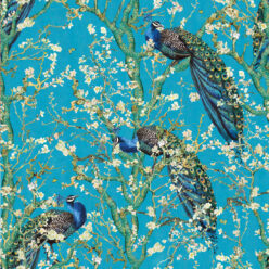 Almond Blossom Wallpaper • Chinoiserie Wallpaper • Wallpaper with Peacocks • Light Blue Duck Egg Wallpaper • Swatch