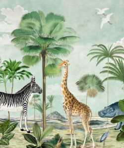 Safari Mural • Bethany Linz • Animal Wallpaper with a giraffe, ostrich, zebra • Tropical Wallpaper Mural • Swatch