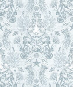 Oceania Damask Wallpaper • Sea Life Wallpaper with Seahorses, Starfish, Jellyfish • Iryna Ruggeri • Aqua • Swatch