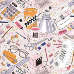 1980's Office Wallpaper featuring calculators, staplers, computers, phones on a messy desk • retro wallpaper • Swatch